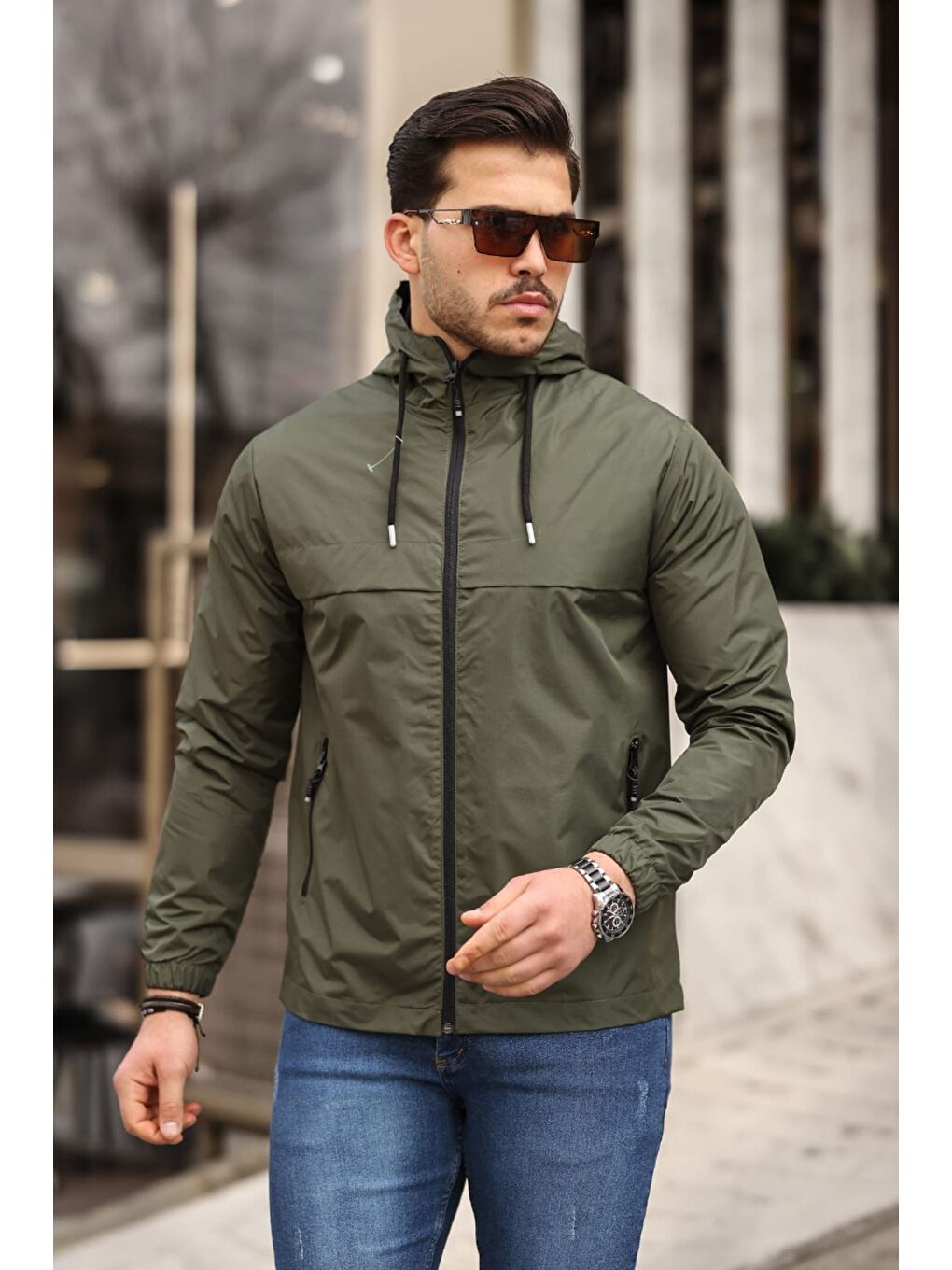 Haki Erkek Içi Astarlı Suya Dayanıklı Kapüşonlu Cepli Yağmurluk-2