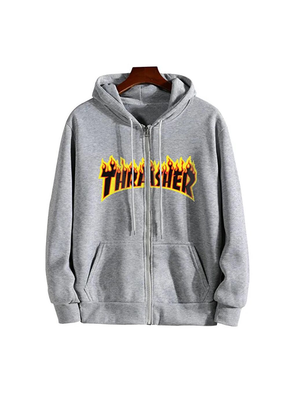 Touz Moda Gri Thrasher Baskılı Oversize Fermuarlı Gri Unisex Kapüşonlu Hırka - 1