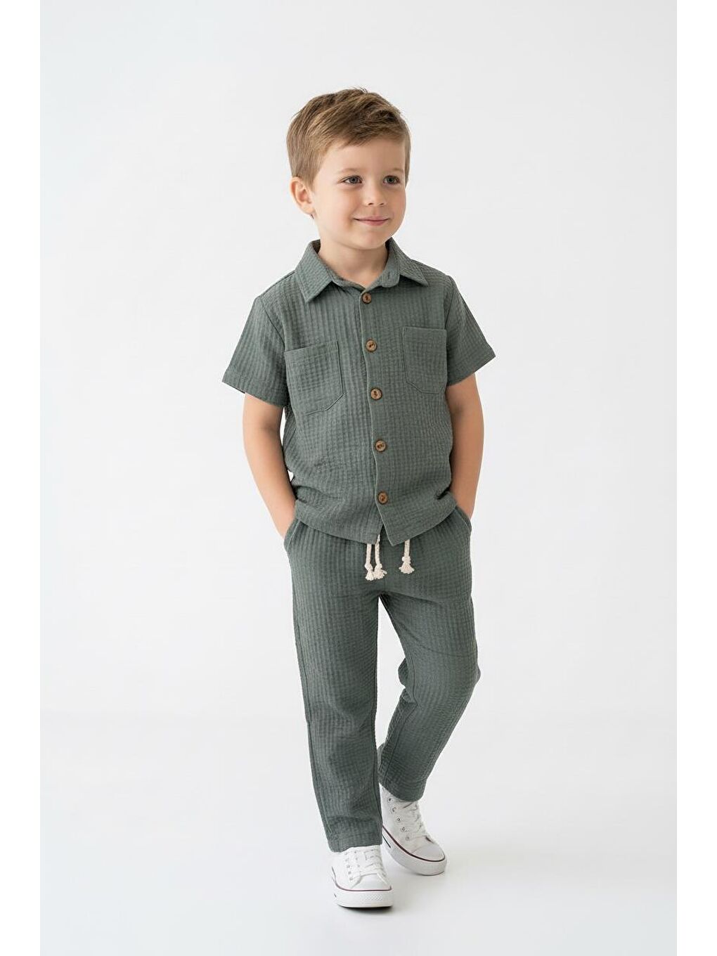 Haki Gofreli Yazlık Gömlek 2li Takım