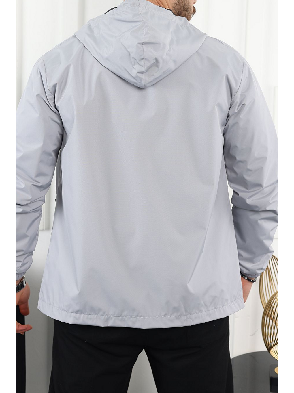 Erkek Astarlı Kapüşonlu Gri Rüzgarlık & Yağmurluk-2