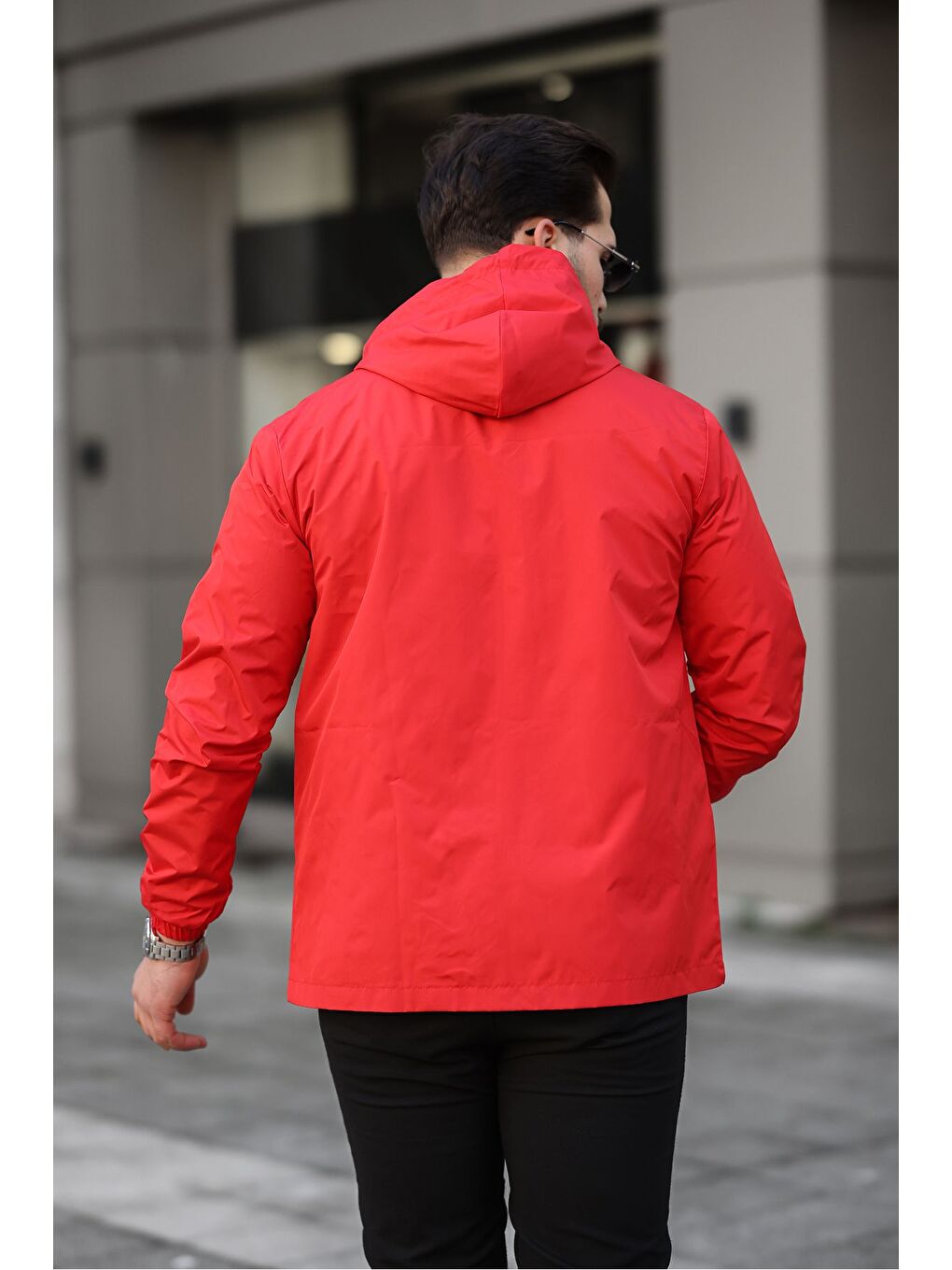 Kırmızı Erkek Içi Astarlı Suya Dayanıklı Kapüşonlu Cepli Yağmurluk-3