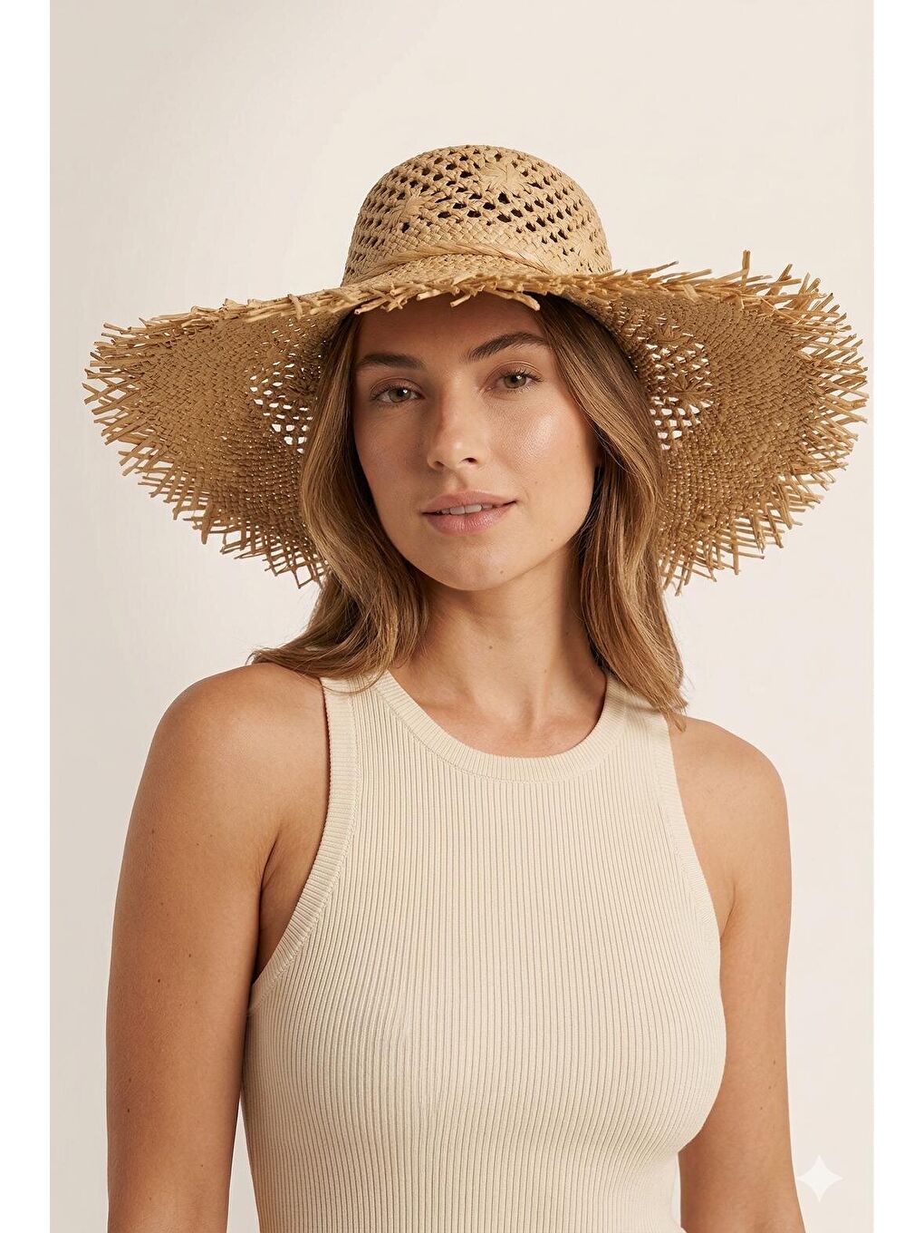 Kahverengi Camel Hasır Şapka Geniş Kenarlı Püskül Detaylı Yazlık HSR2119 KAHVERENGI