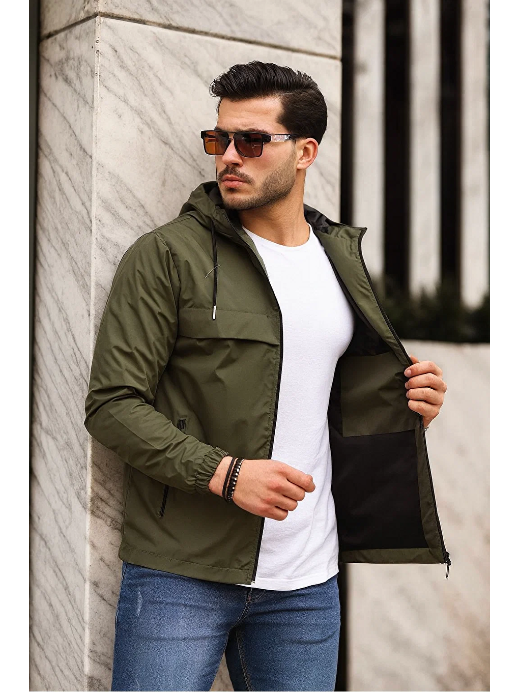 Haki Erkek Içi Astarlı Suya Dayanıklı Kapüşonlu Cepli Yağmurluk-3