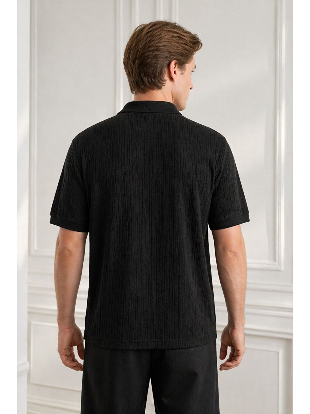 Siyah Erkek Jakar Desenli Düğmesiz Polo Yaka Tişört Slim Fit Yazlık Triko Tişört-2