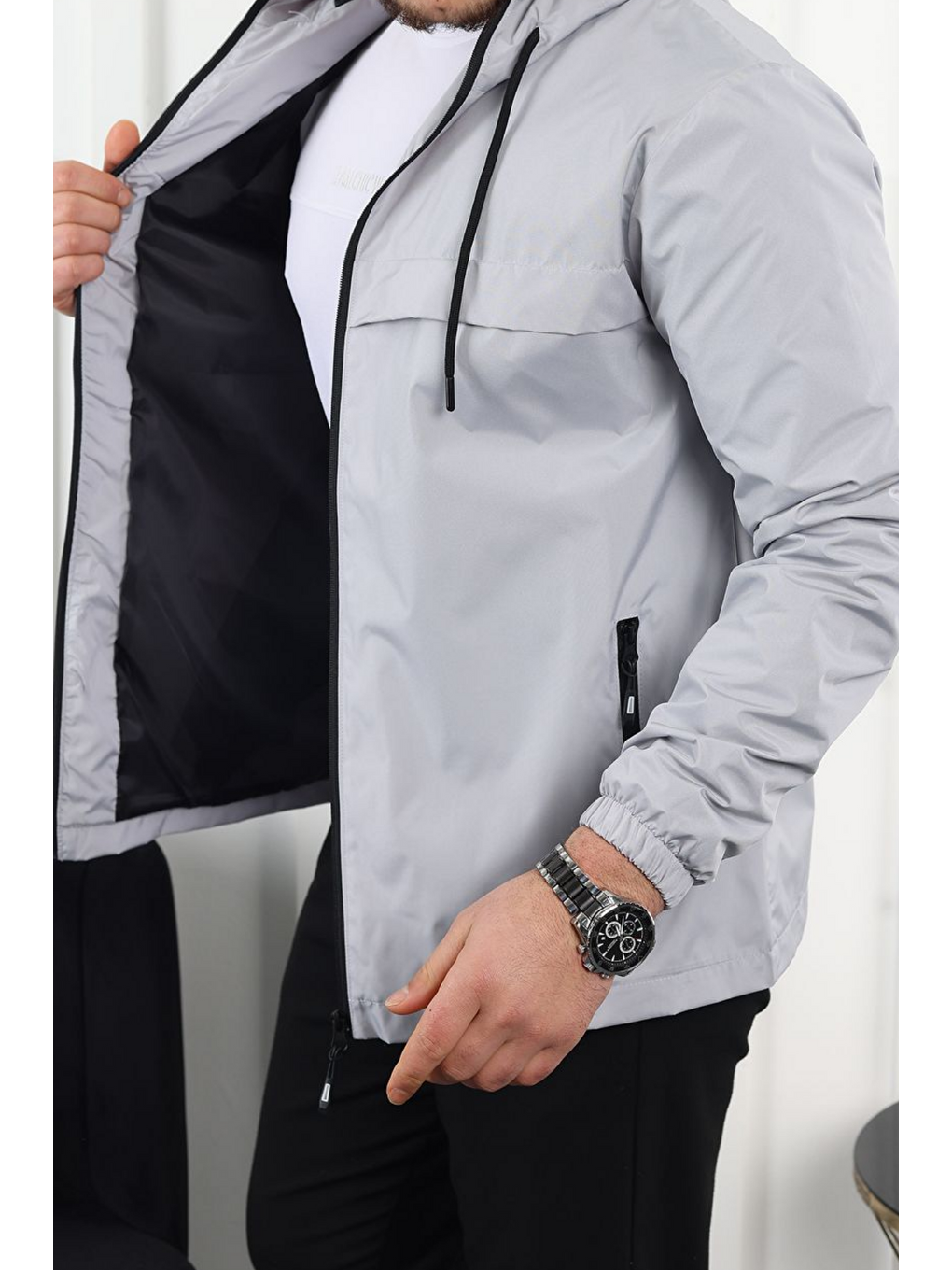 Erkek Astarlı Kapüşonlu Gri Rüzgarlık & Yağmurluk-3