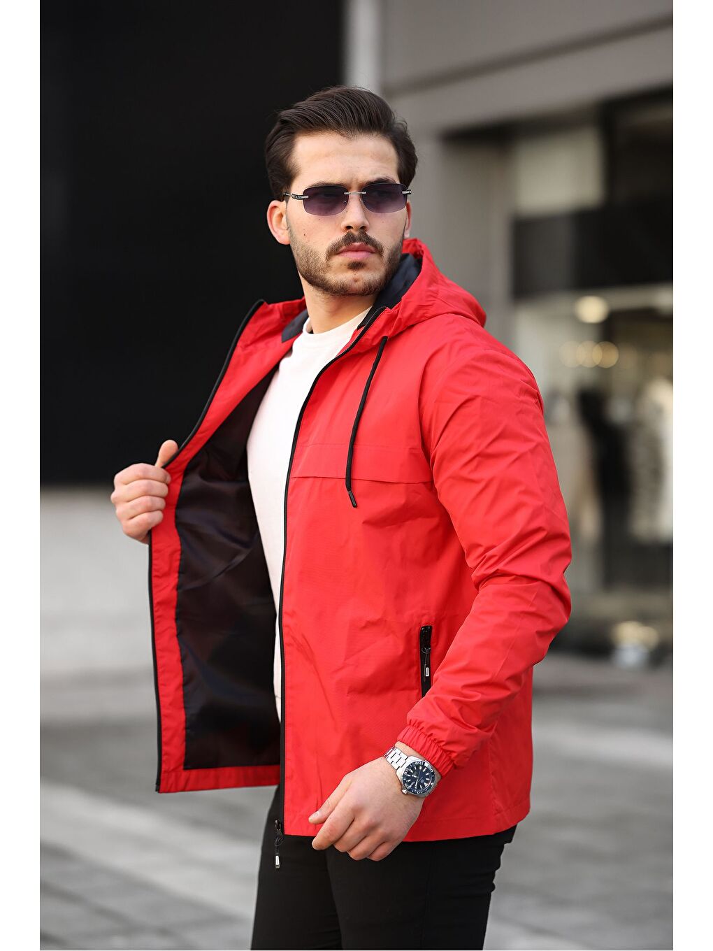 Kırmızı Erkek Içi Astarlı Suya Dayanıklı Kapüşonlu Cepli Yağmurluk-5