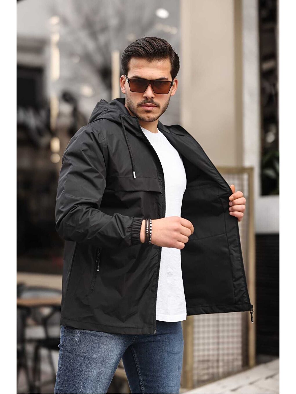 Siyah Erkek Içi Astarlı Suya Dayanıklı Kapüşonlu Cepli Yağmurluk