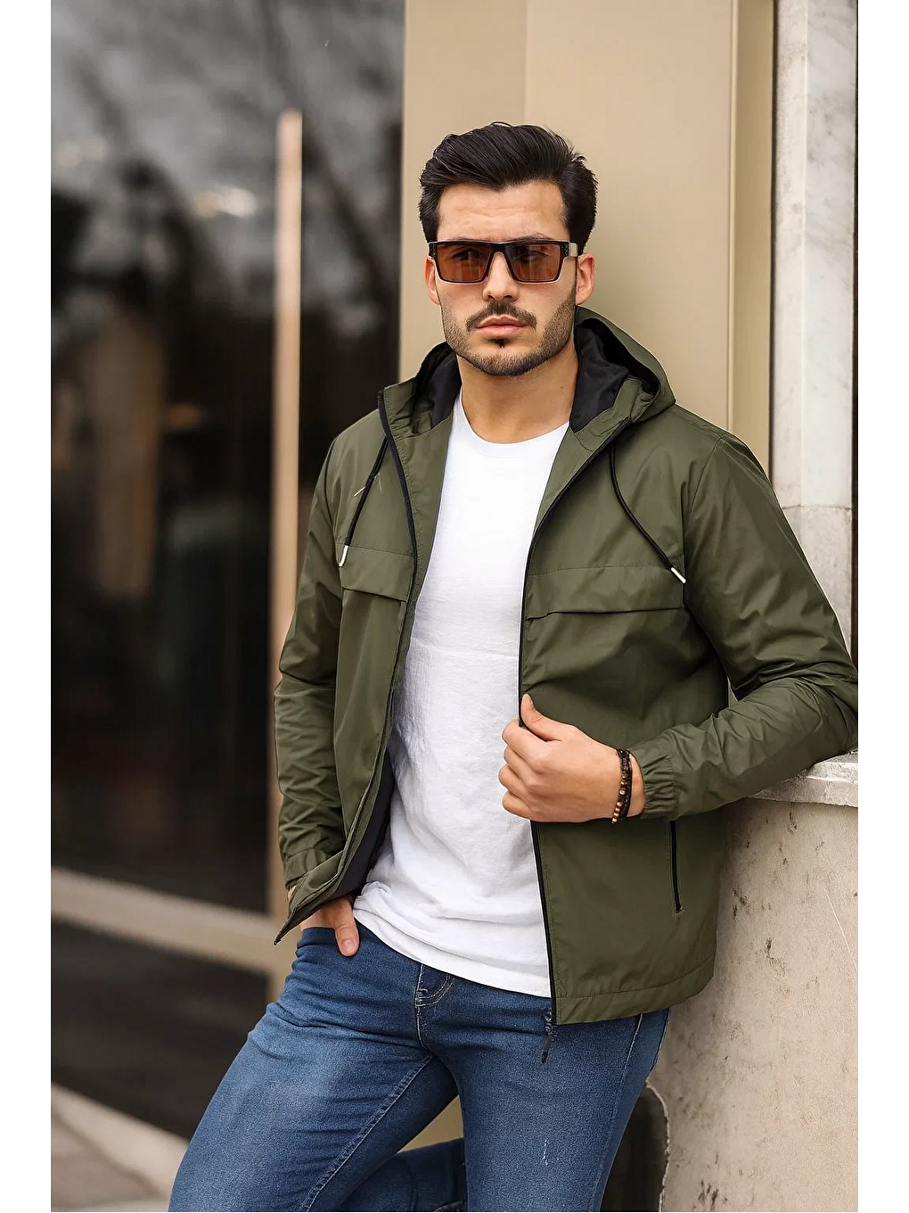 Haki Erkek Içi Astarlı Suya Dayanıklı Kapüşonlu Cepli Yağmurluk-4