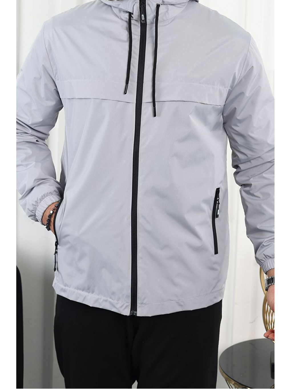 Erkek Astarlı Kapüşonlu Gri Rüzgarlık & Yağmurluk-4