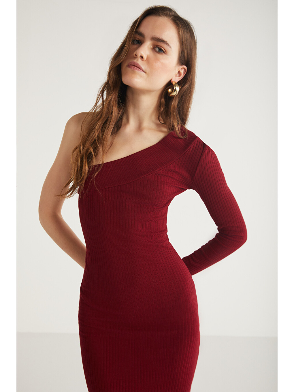 Reddısh Kadın Slim Fit Dar Kesim Vücudu Saran Kaşkorse Midi Boy Bordo Elbise-1
