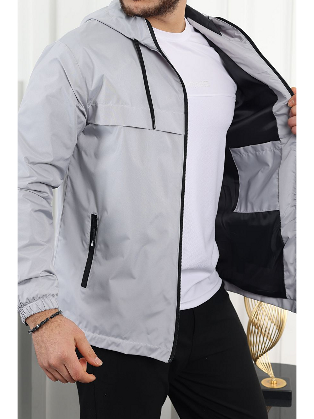 Erkek Astarlı Kapüşonlu Gri Rüzgarlık & Yağmurluk-5