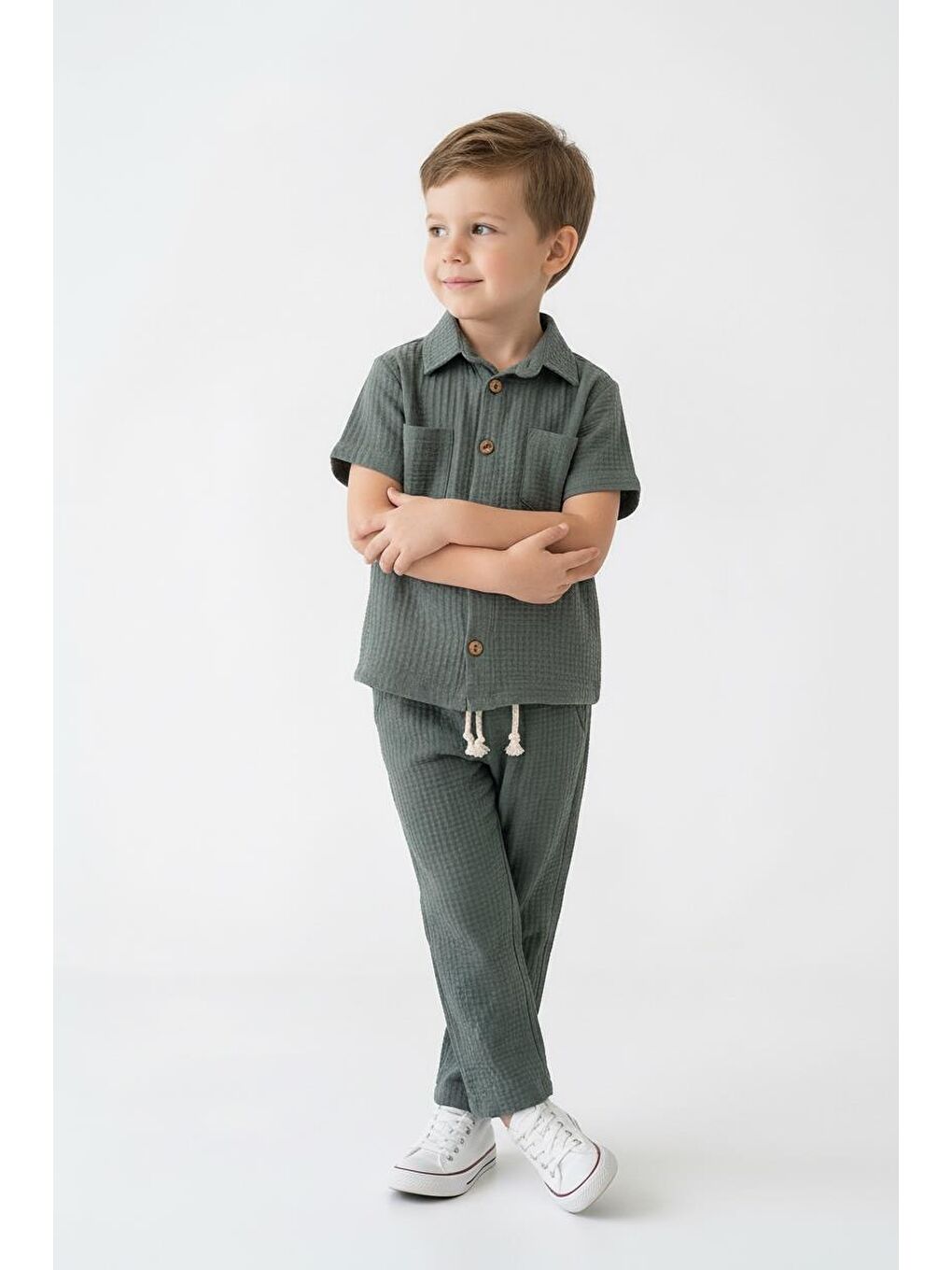 Haki Gofreli Yazlık Gömlek 2li Takım-4