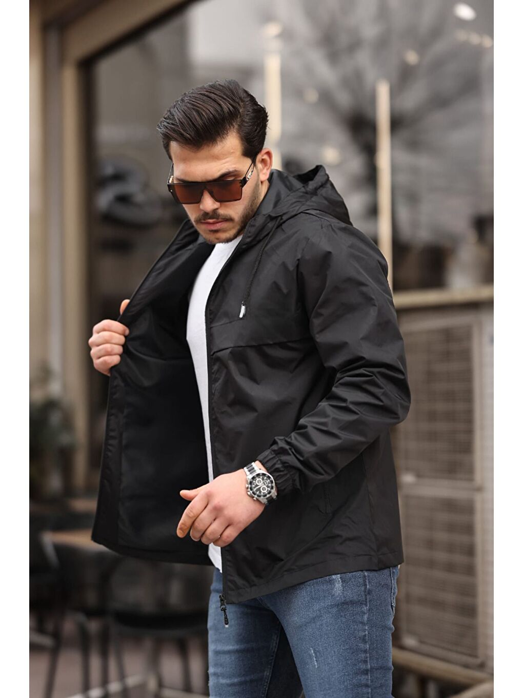 Siyah Erkek Içi Astarlı Suya Dayanıklı Kapüşonlu Cepli Yağmurluk-1