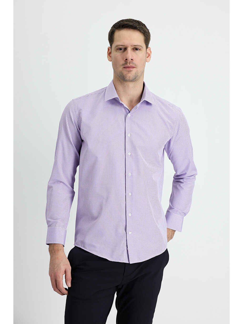 Lila Uzun Kol Slim Fit Dar Kesim Ekose Pamuklu Kolay Ütülenebilir Gömlek-1