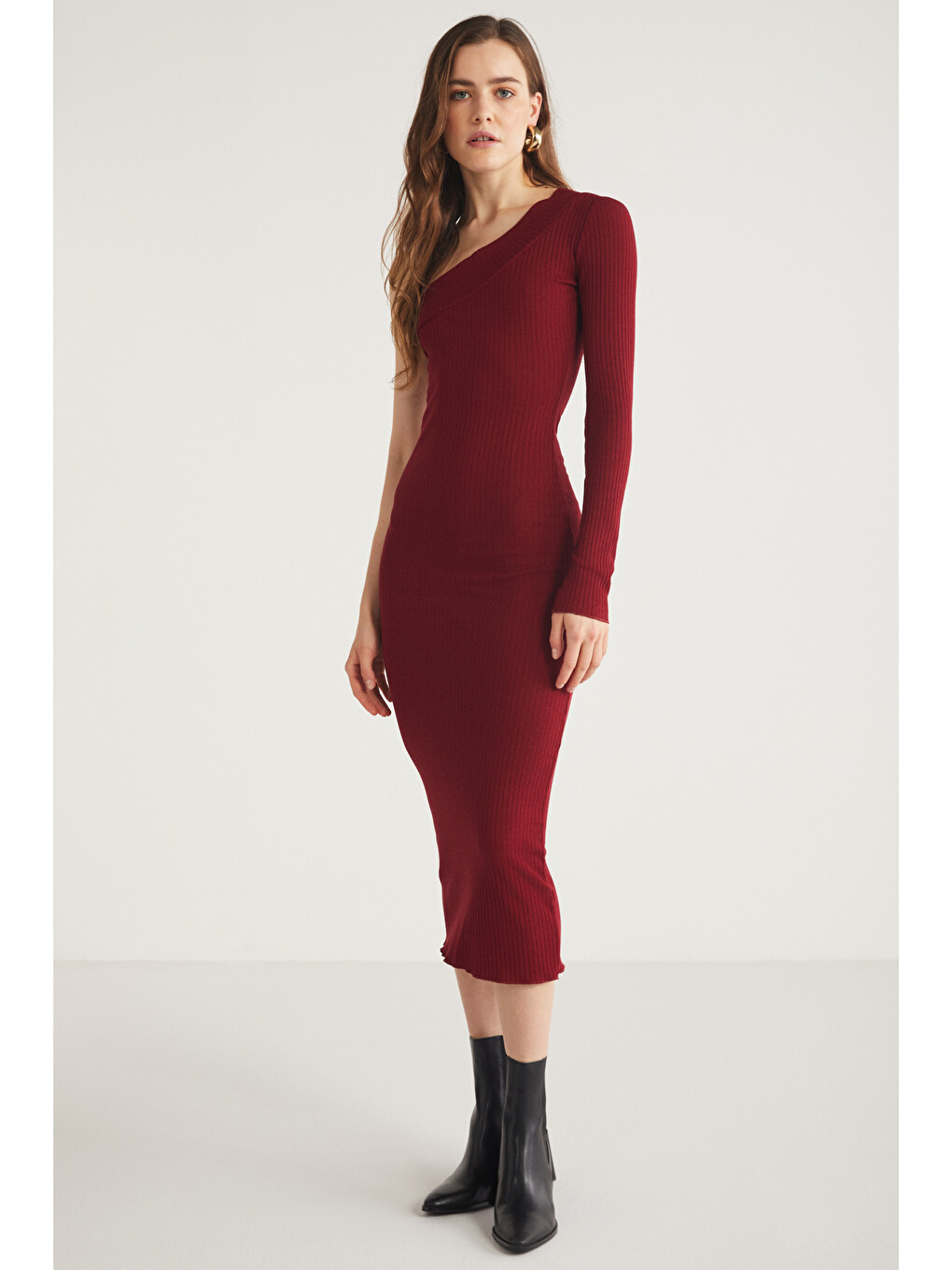 Reddısh Kadın Slim Fit Dar Kesim Vücudu Saran Kaşkorse Midi Boy Bordo Elbise-2