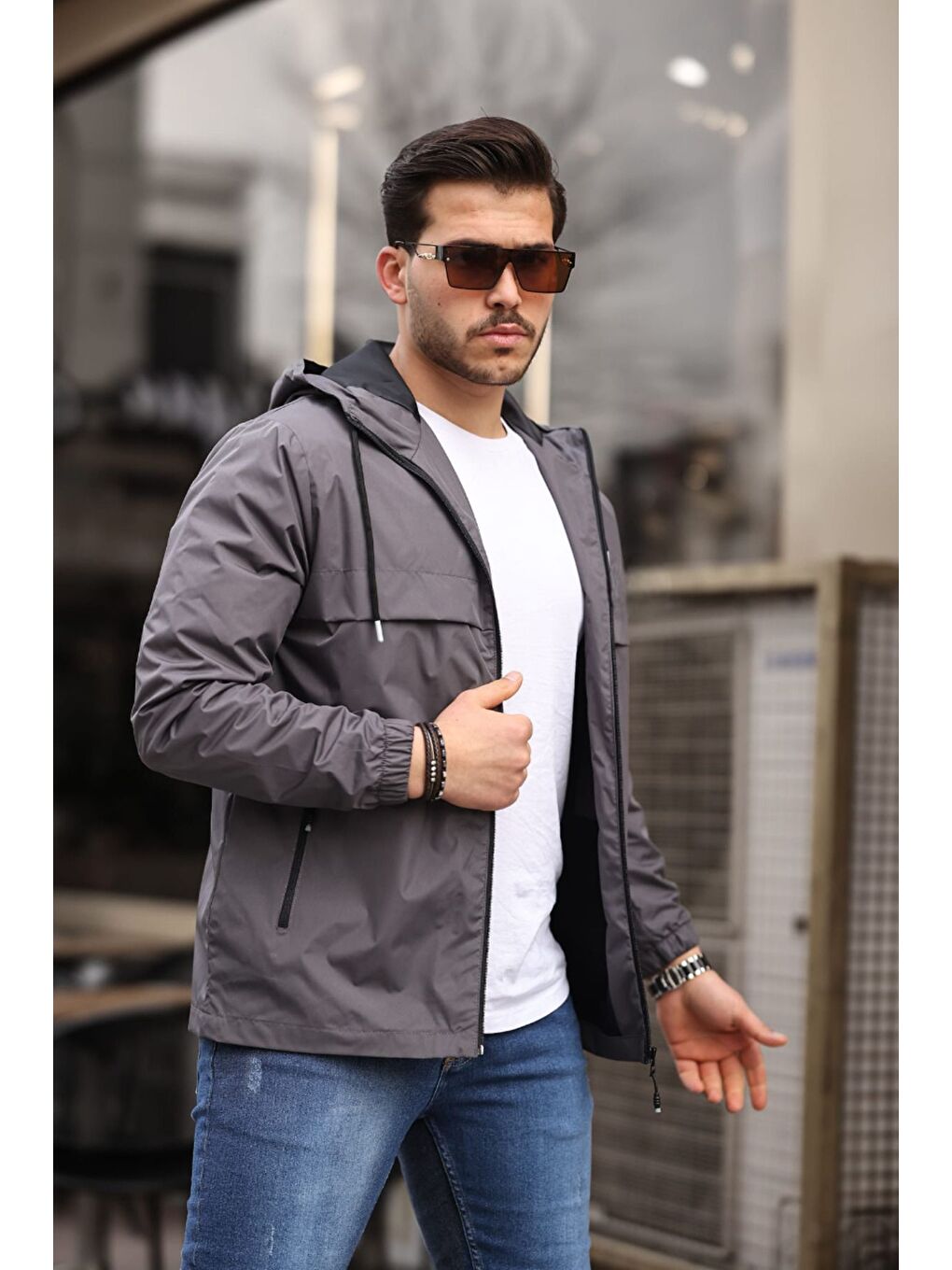 Gri Erkek Içi Astarlı Suya Dayanıklı Kapüşonlu Cepli Yağmurluk-2