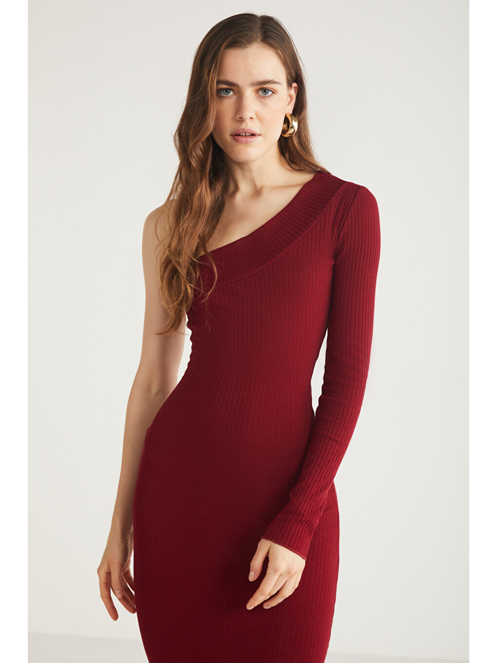 Reddısh Kadın Slim Fit Dar Kesim Vücudu Saran Kaşkorse Midi Boy Bordo Elbise-3