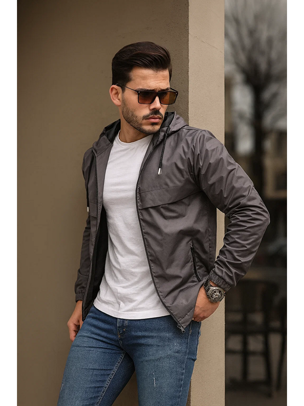 Gri Erkek Içi Astarlı Suya Dayanıklı Kapüşonlu Cepli Yağmurluk-3