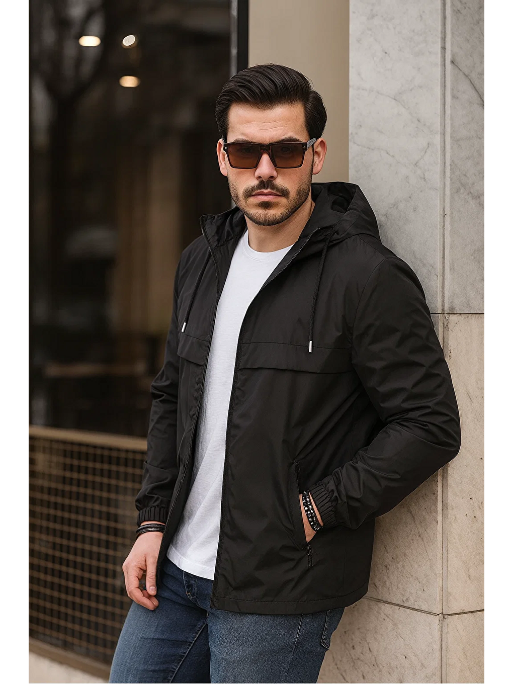 Siyah Erkek Içi Astarlı Suya Dayanıklı Kapüşonlu Cepli Yağmurluk-3