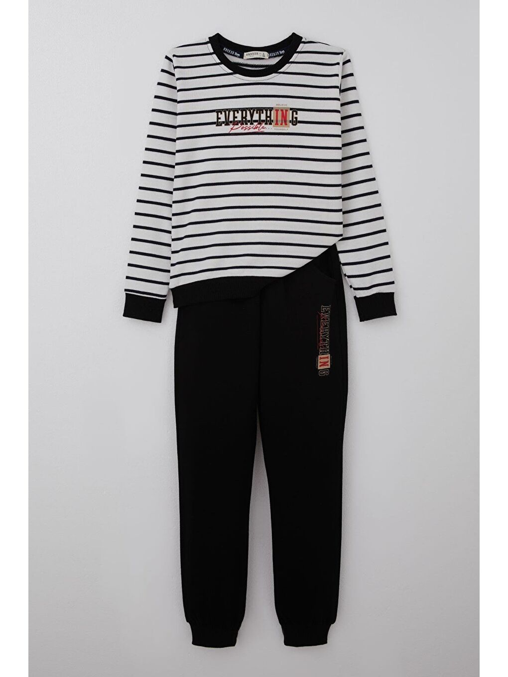 Erkek Çocuk Eşofman Takımı Yazı Baskılı Çizgili Beyaz (4-8 Yaş)