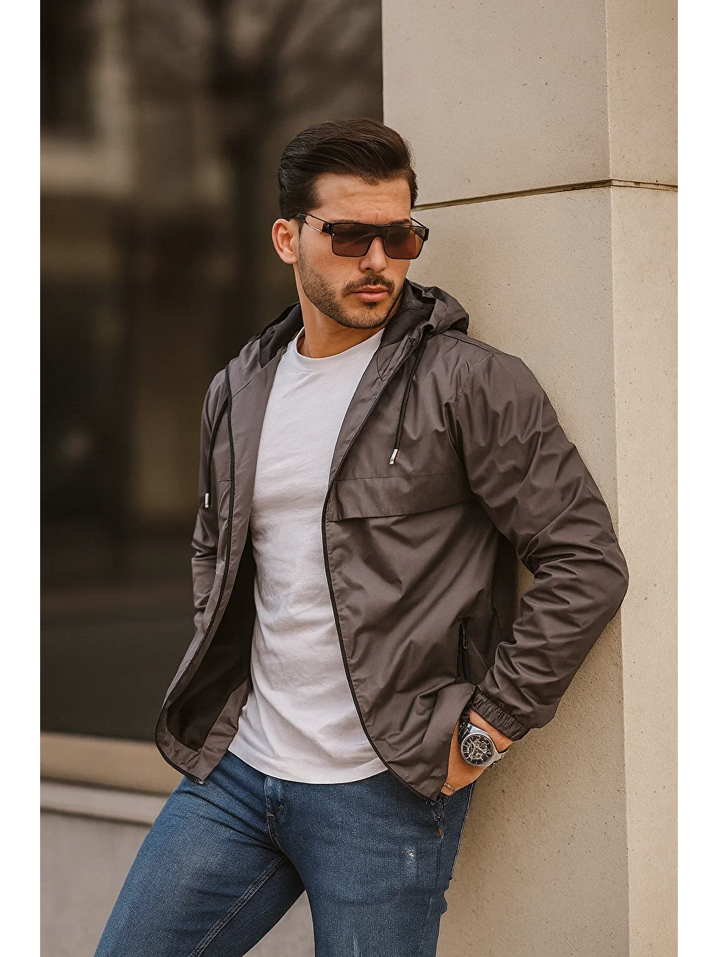 Gri Erkek Içi Astarlı Suya Dayanıklı Kapüşonlu Cepli Yağmurluk-4