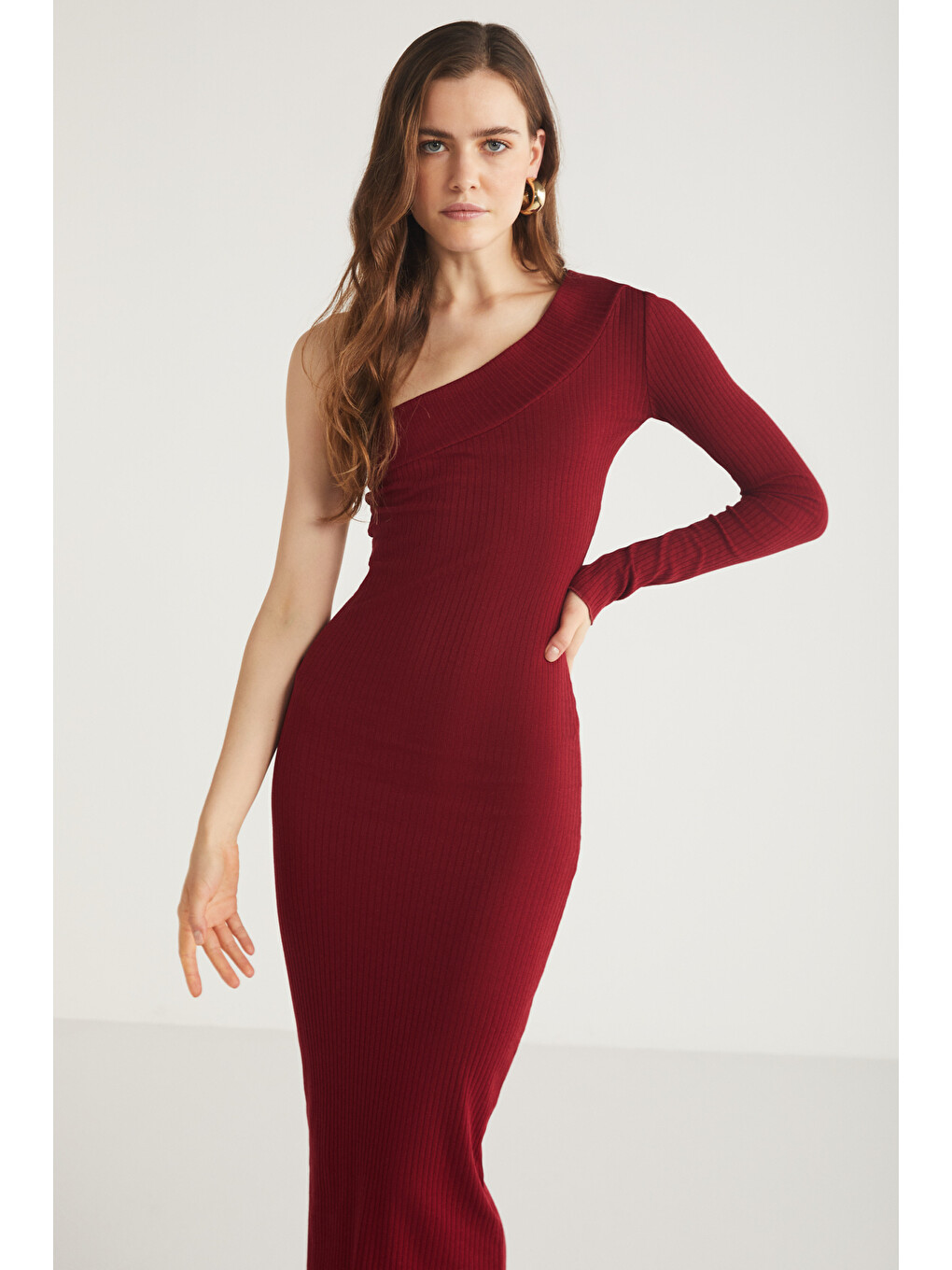 Reddısh Kadın Slim Fit Dar Kesim Vücudu Saran Kaşkorse Midi Boy Bordo Elbise-4