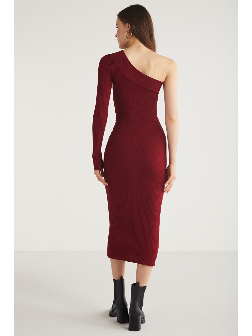Reddısh Kadın Slim Fit Dar Kesim Vücudu Saran Kaşkorse Midi Boy Bordo Elbise-5
