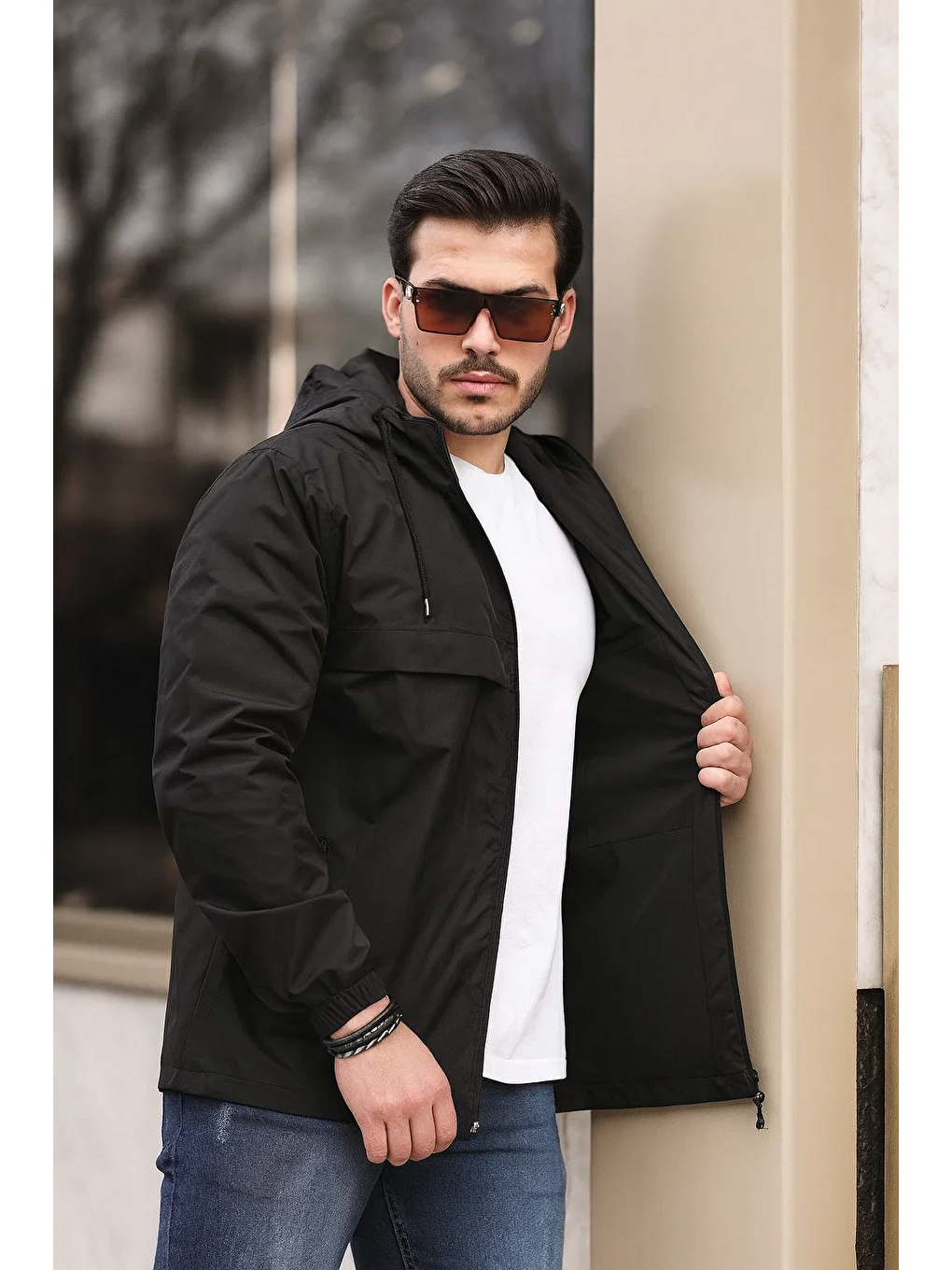 Siyah Erkek Içi Astarlı Suya Dayanıklı Kapüşonlu Cepli Yağmurluk-4