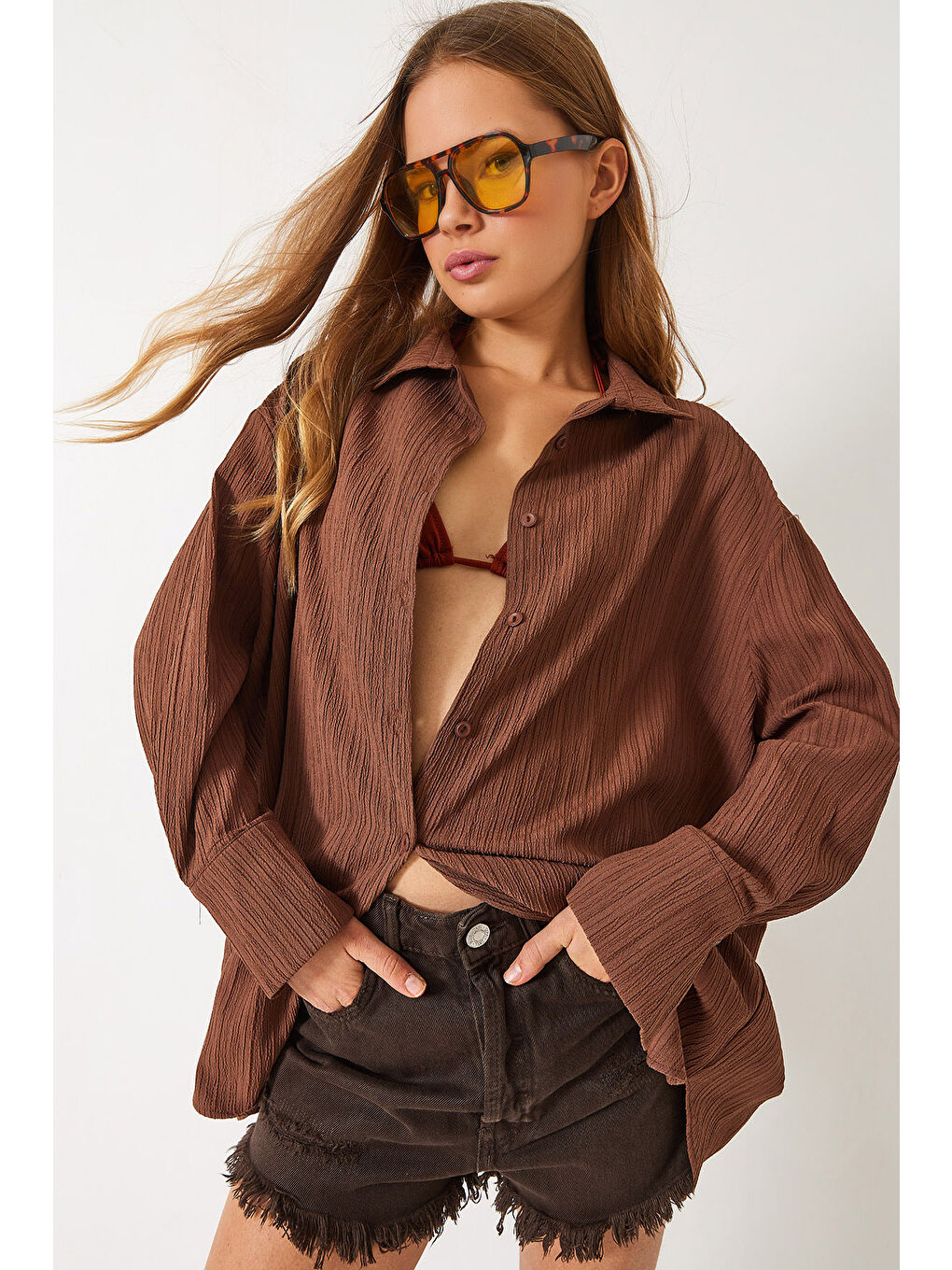 Kahverengi Kadın Düşük Omuz Oversize Basic Bürümcük Gömlek