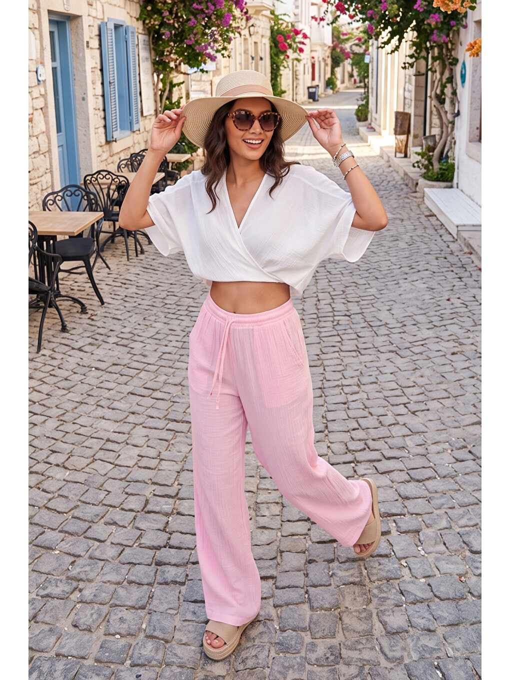 Pembe Pamuklu Bağlamalı Relaxed Fit Yüksek Bel Geniş Paça Kadın Müslim Pantolon 5866663-1