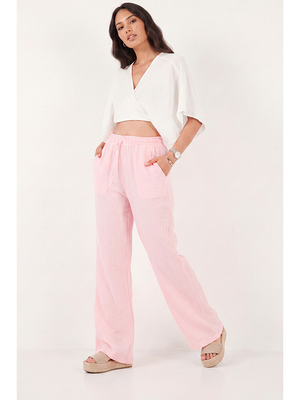 Pembe Pamuklu Bağlamalı Relaxed Fit Yüksek Bel Geniş Paça Kadın Müslim Pantolon 5866663-2