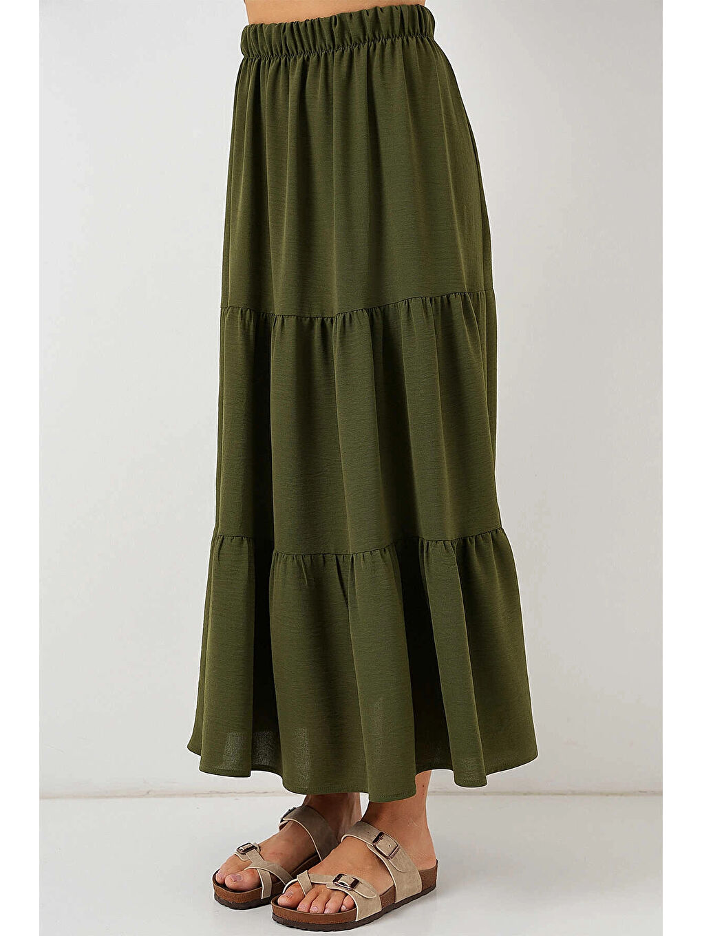 Kadın Haki Beli Lastikli Ayrobin Uzun Etek HZL25S-BD180481-1