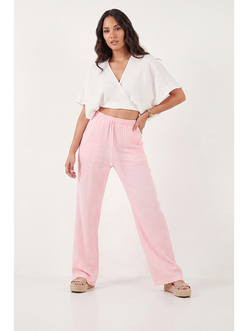 Pembe Pamuklu Bağlamalı Relaxed Fit Yüksek Bel Geniş Paça Kadın Müslim Pantolon 5866663-3