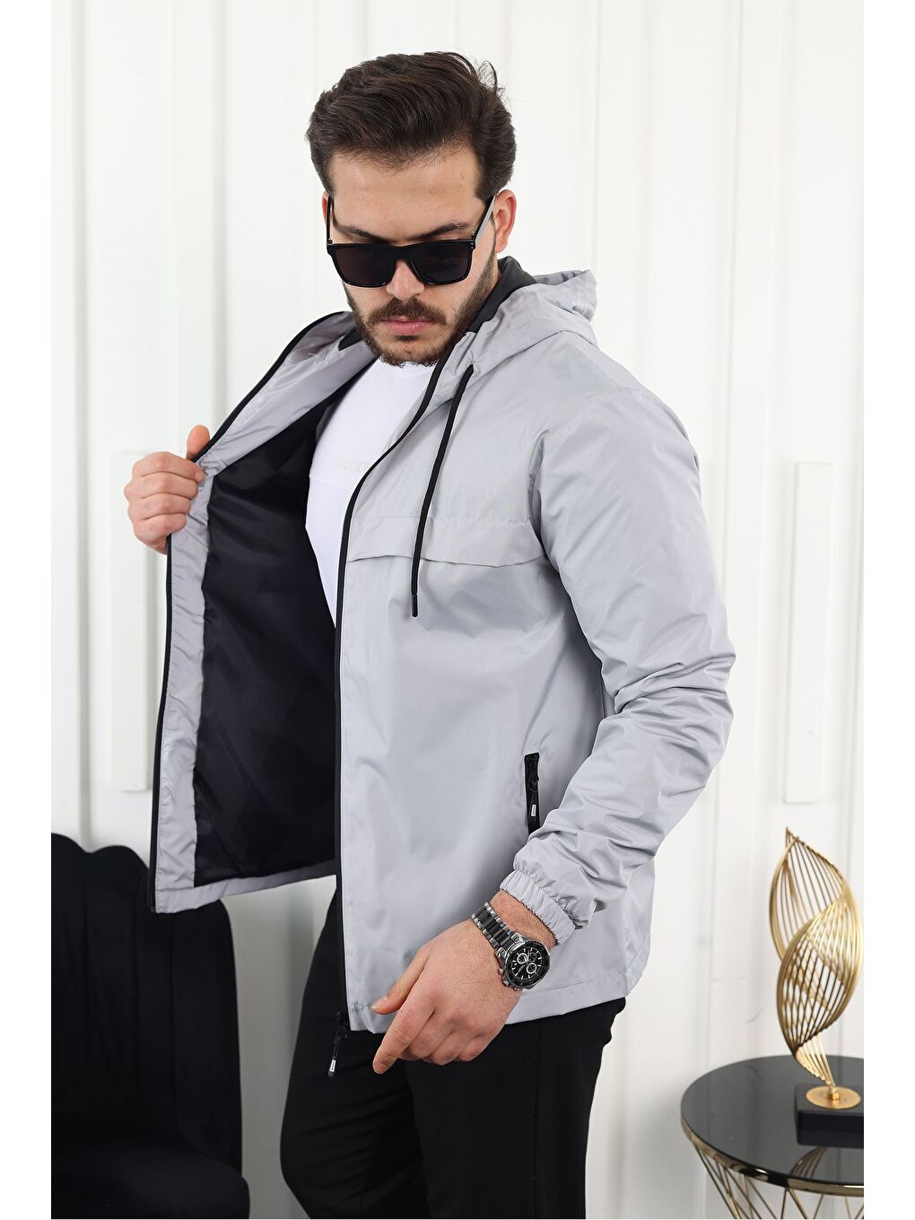 Gri Erkek Içi Astarlı Suya Dayanıklı Kapüşonlu Cepli Yağmurluk-2