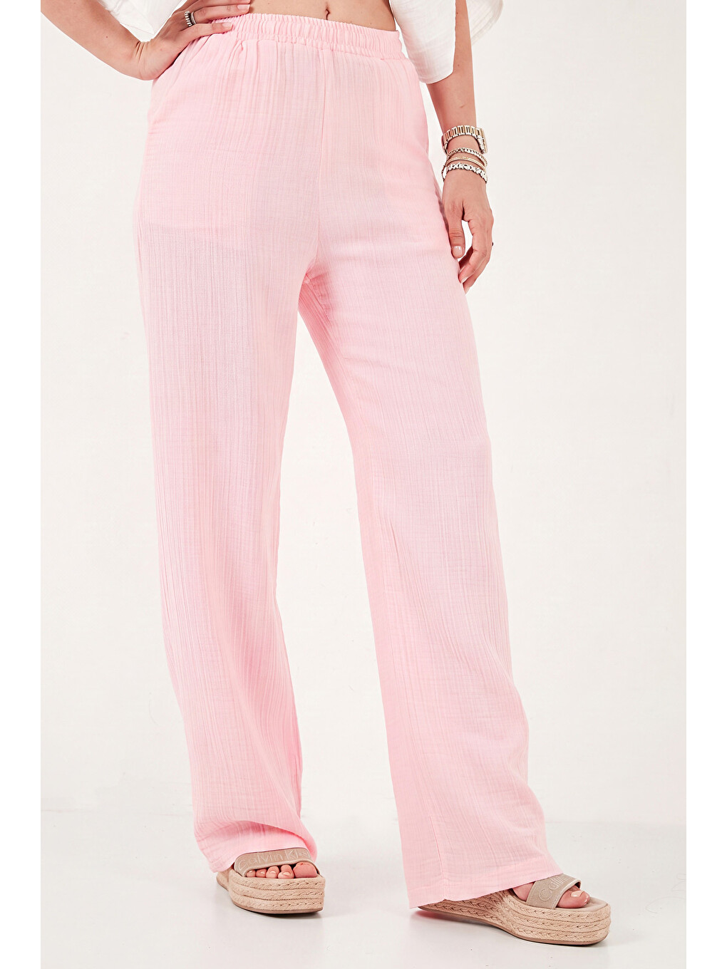 Pembe Pamuklu Bağlamalı Relaxed Fit Yüksek Bel Geniş Paça Kadın Müslim Pantolon 5866663-4