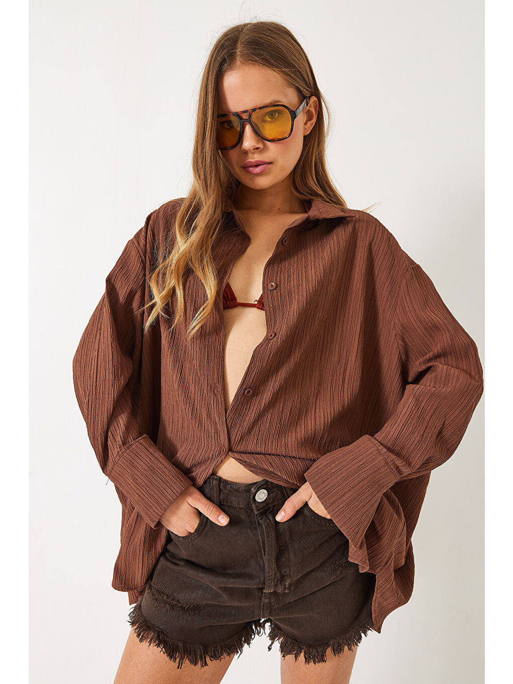 Kahverengi Kadın Düşük Omuz Oversize Basic Bürümcük Gömlek-2