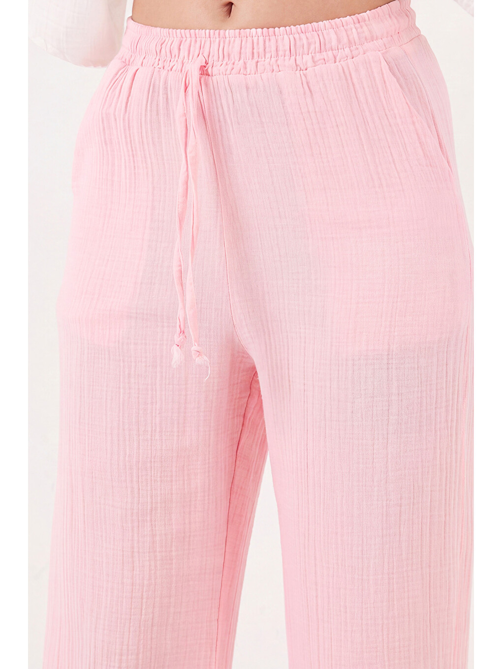 Pembe Pamuklu Bağlamalı Relaxed Fit Yüksek Bel Geniş Paça Kadın Müslim Pantolon 5866663-5