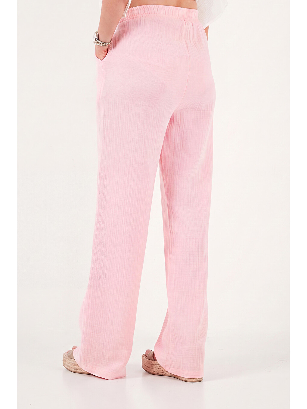 Pembe Pamuklu Bağlamalı Relaxed Fit Yüksek Bel Geniş Paça Kadın Müslim Pantolon 5866663-6