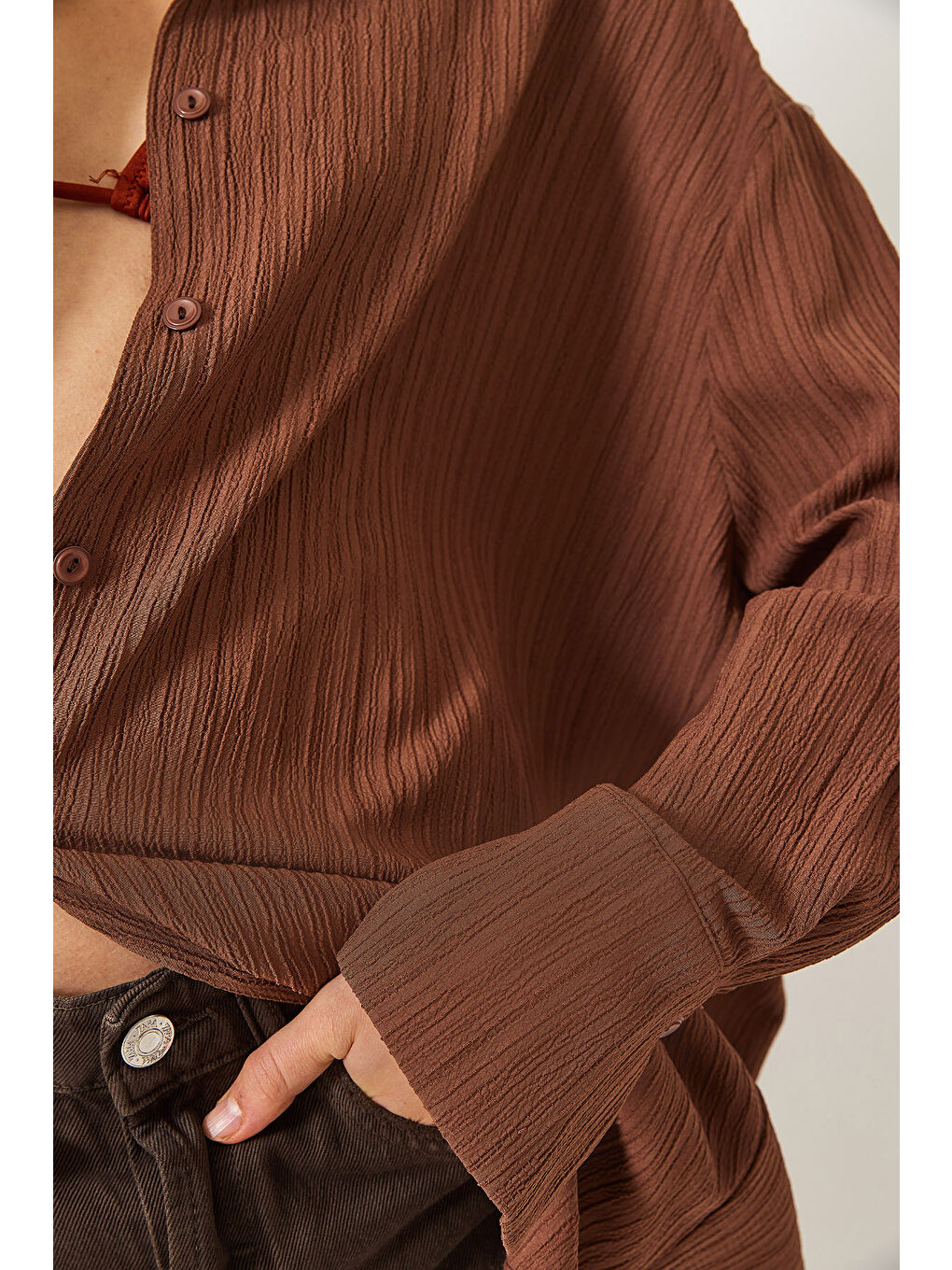Kahverengi Kadın Düşük Omuz Oversize Basic Bürümcük Gömlek-3