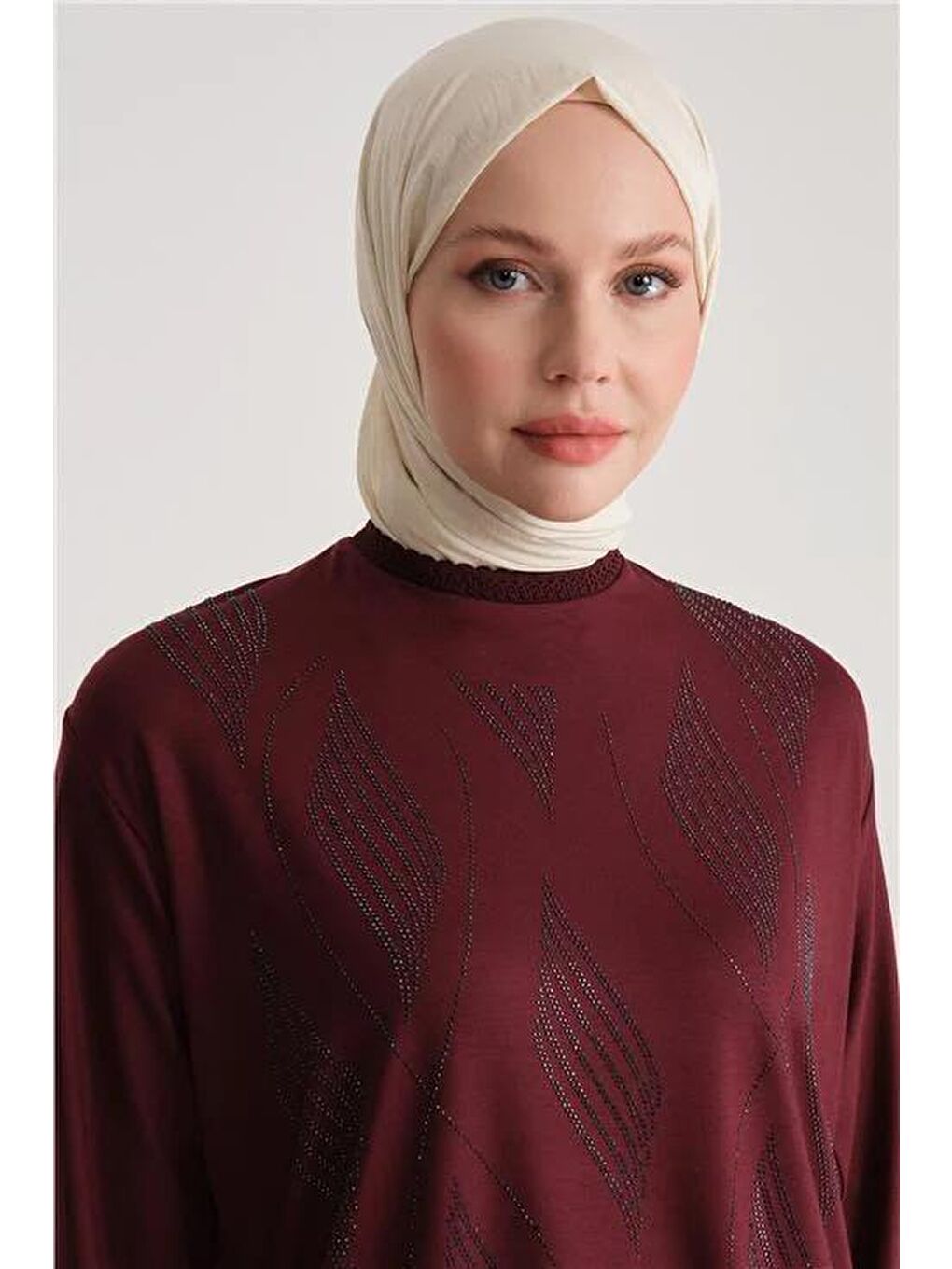 Bordo Taş Detaylı Uzun Kollu Kadın Penye Bluz 24Yd9001 Vişne