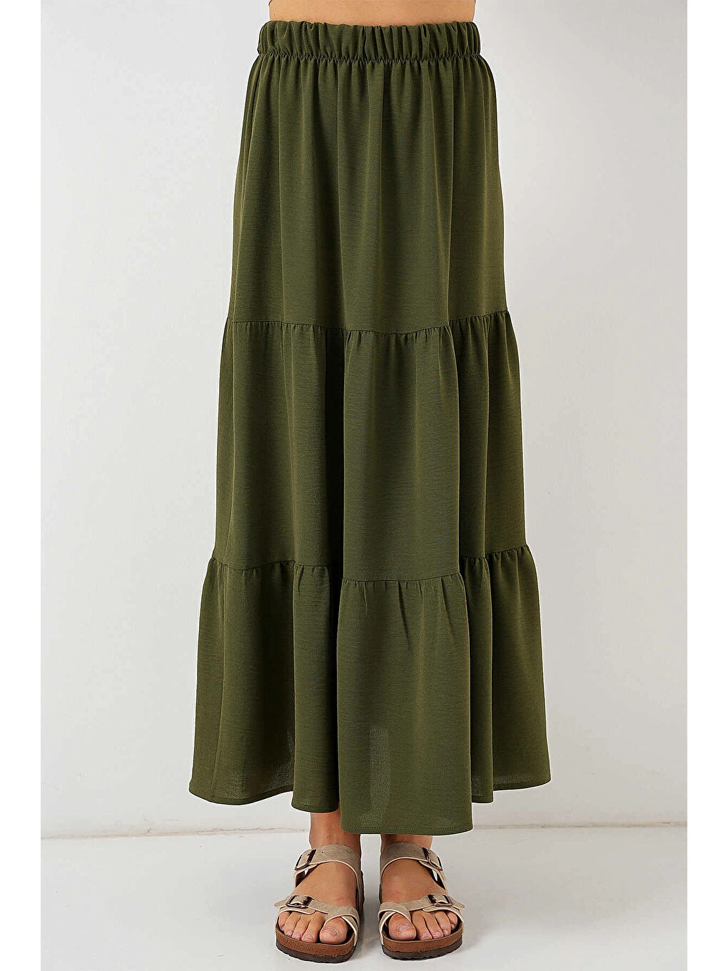 Kadın Haki Beli Lastikli Ayrobin Uzun Etek HZL25S-BD180481-2