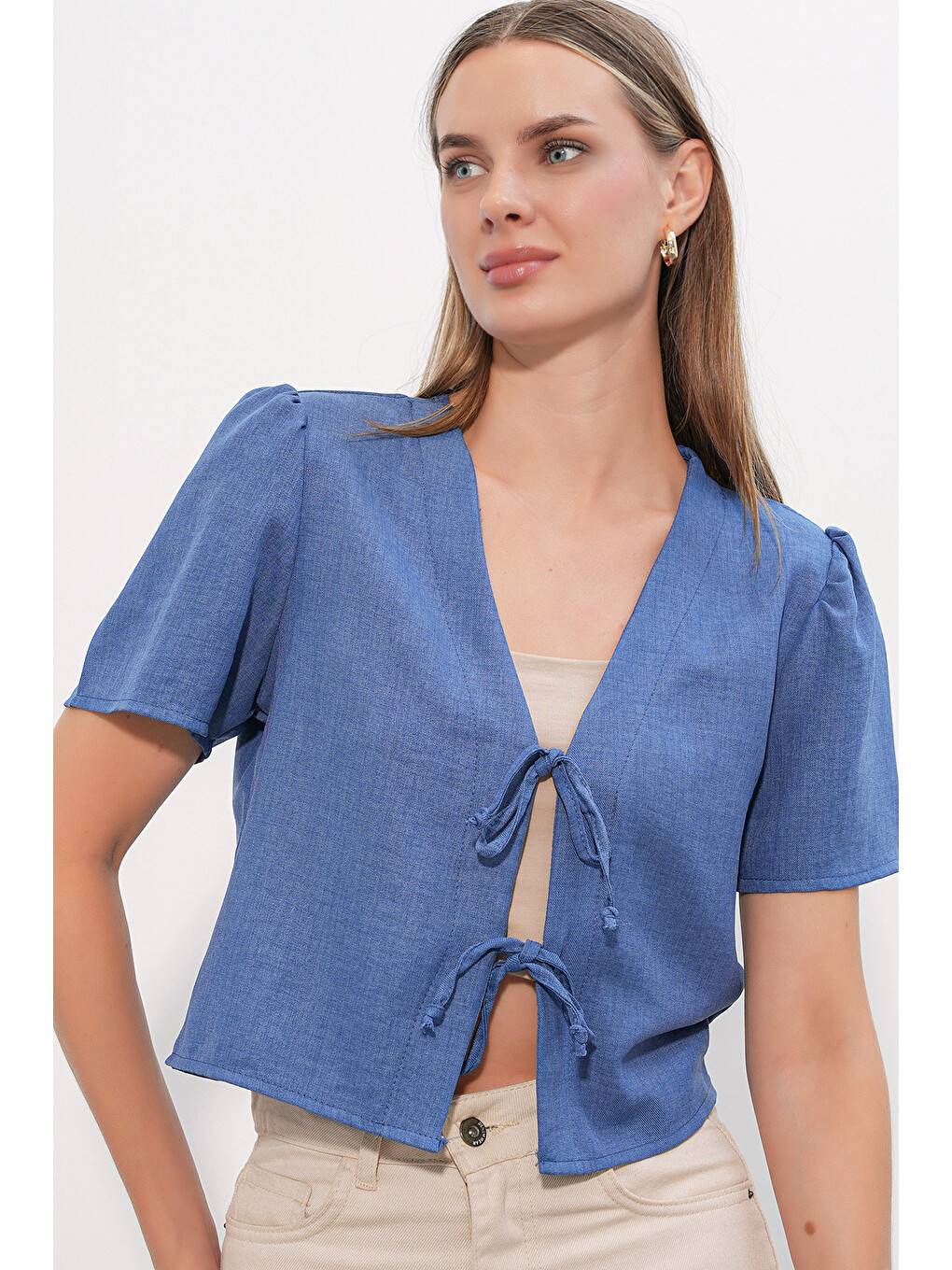 Kadın Kısa Kol Crop Bluz 958 - İndigo-2