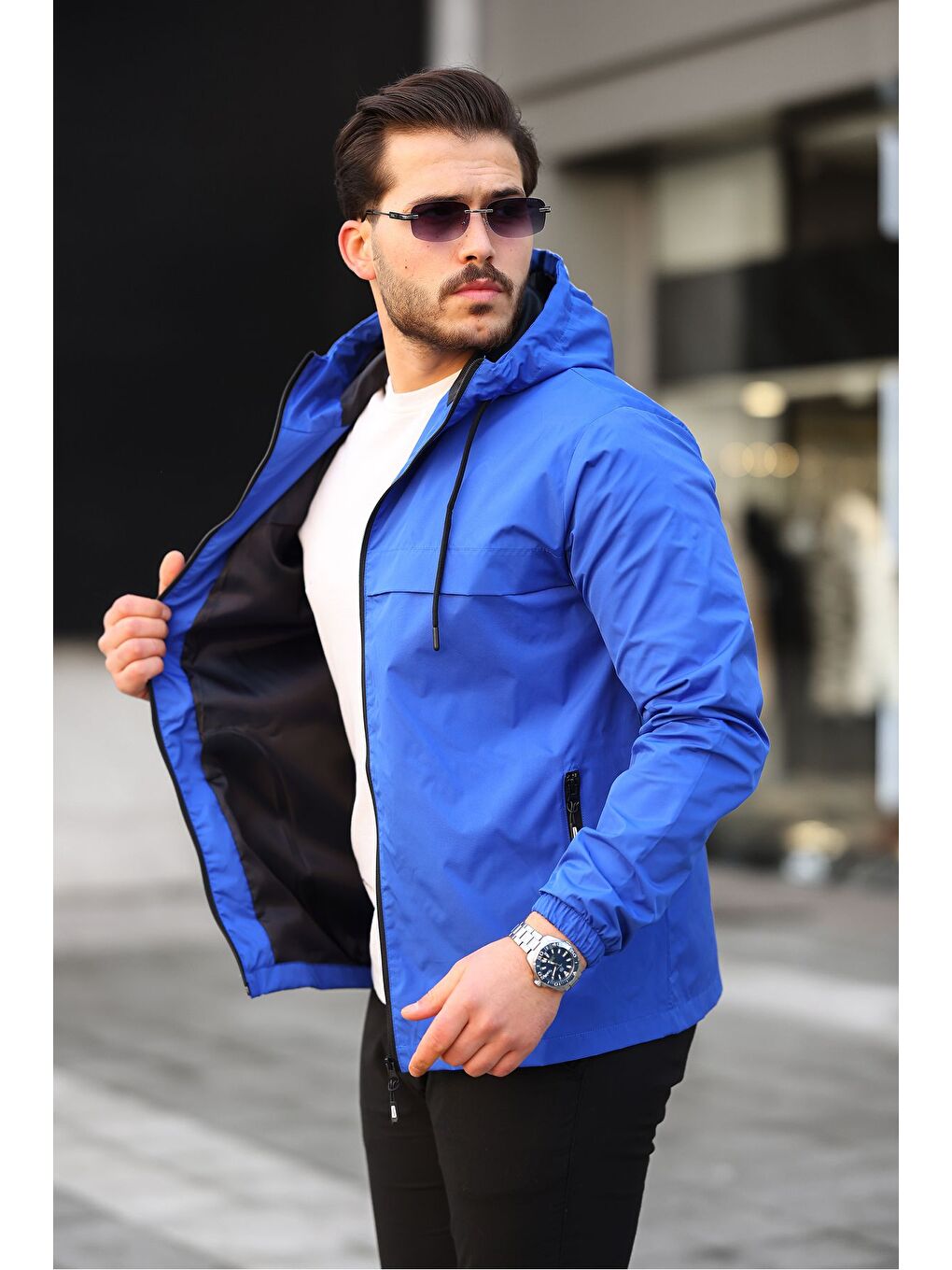 Mavi Erkek Içi Astarlı Suya Dayanıklı Kapüşonlu Cepli Yağmurluk