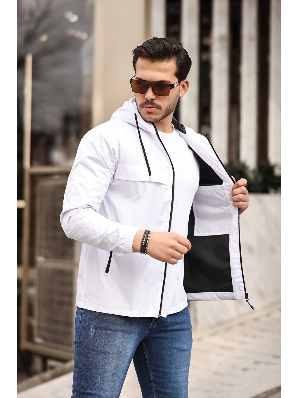 Beyaz Erkek Içi Astarlı Suya Dayanıklı Kapüşonlu Cepli Yağmurluk