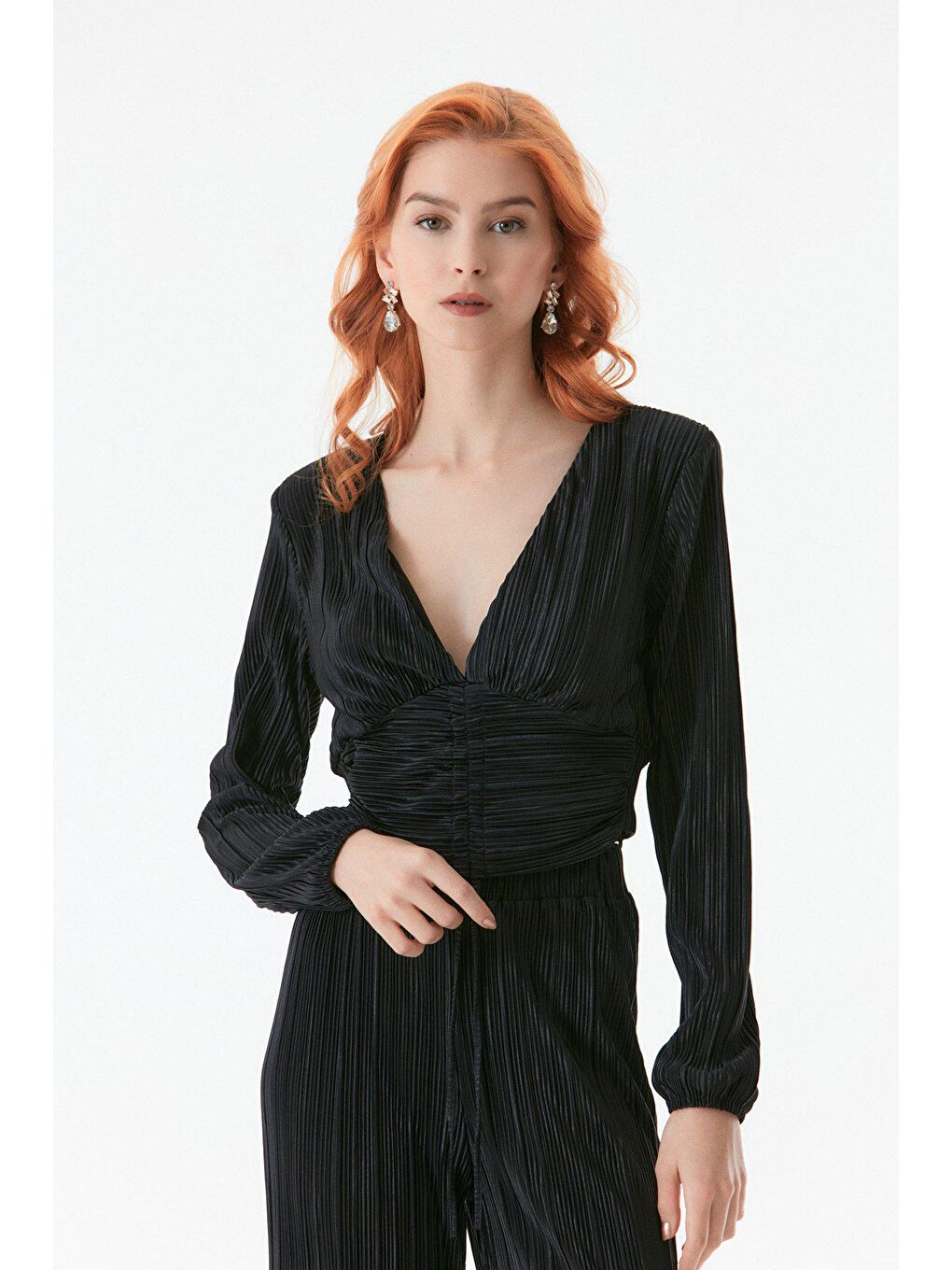 Siyah Pileli Önü Büzgülü Crop Takım-3