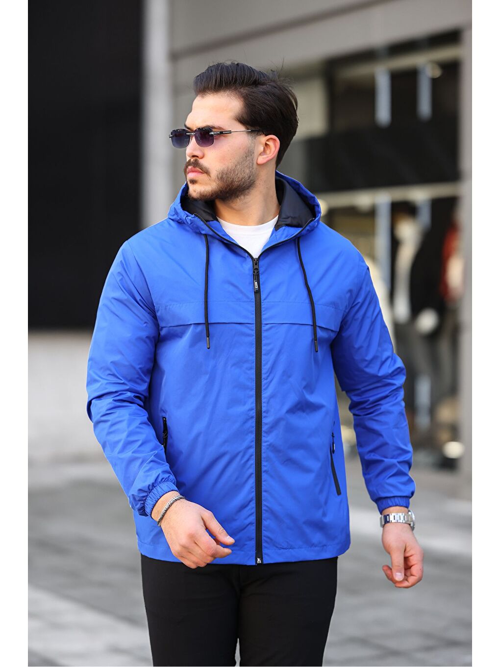 Mavi Erkek Içi Astarlı Suya Dayanıklı Kapüşonlu Cepli Yağmurluk-2