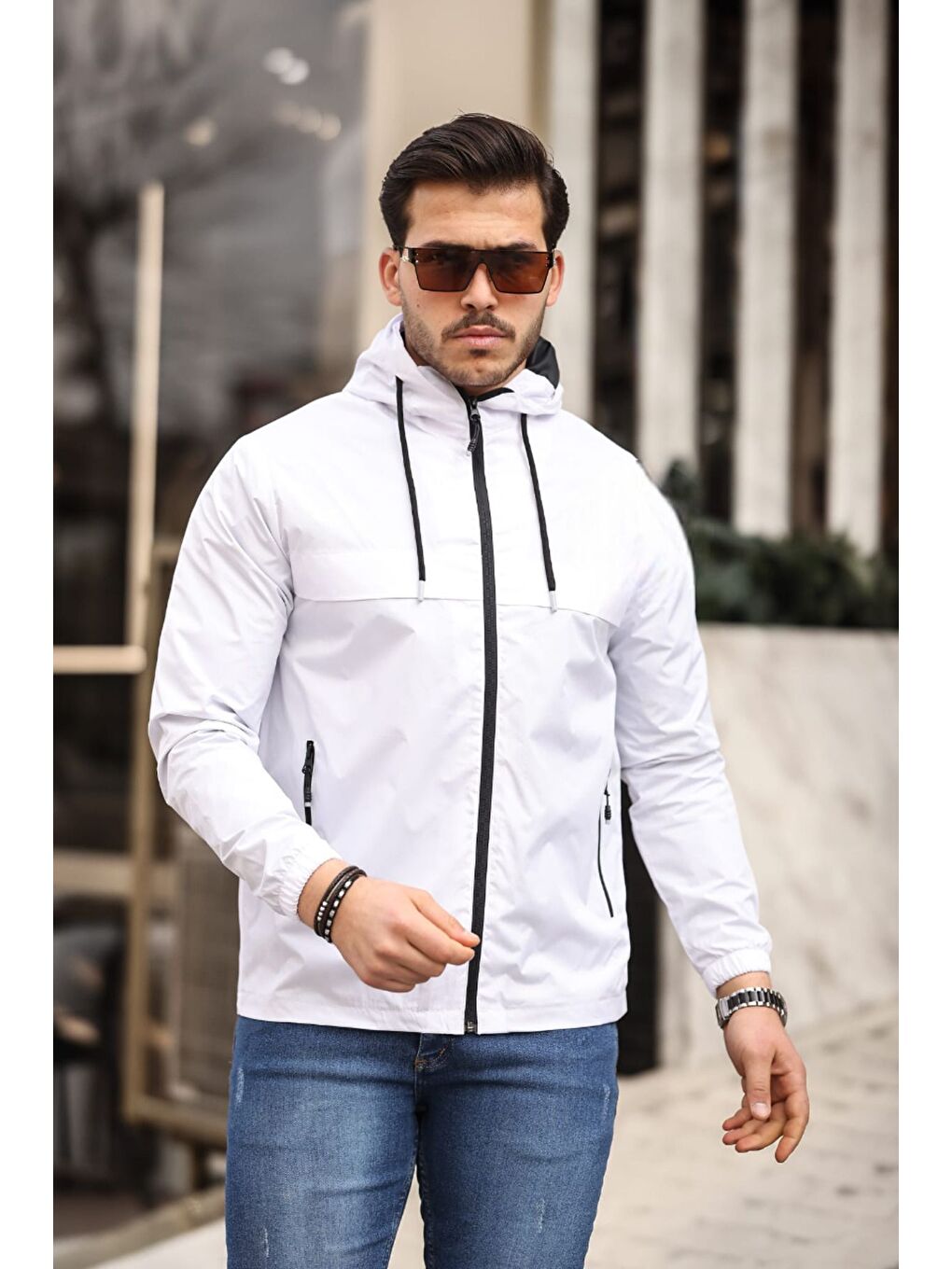 Beyaz Erkek Içi Astarlı Suya Dayanıklı Kapüşonlu Cepli Yağmurluk-2