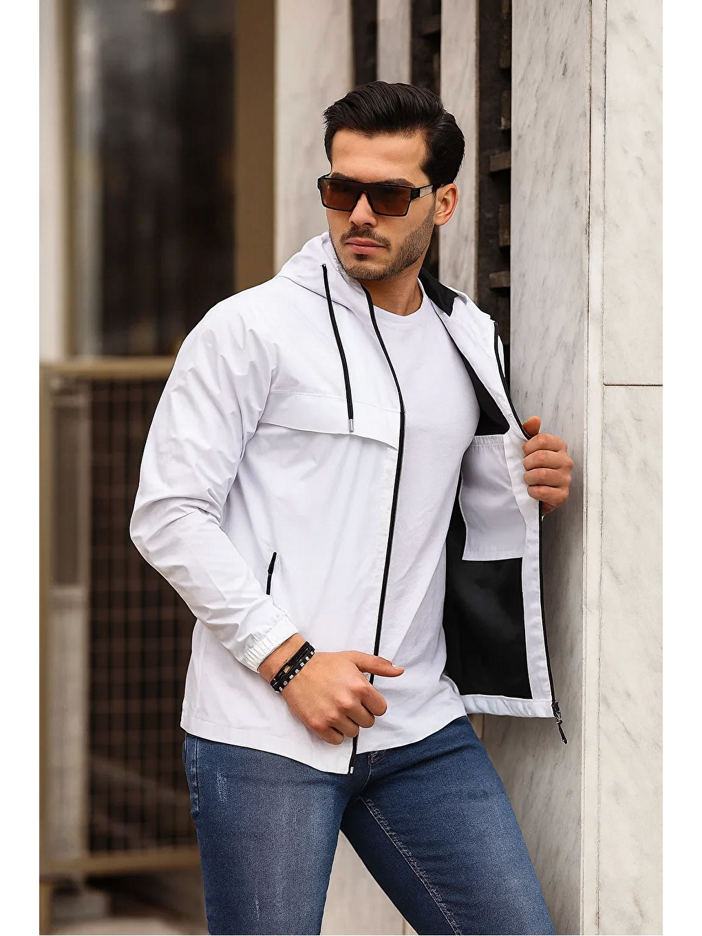 Beyaz Erkek Içi Astarlı Suya Dayanıklı Kapüşonlu Cepli Yağmurluk-3