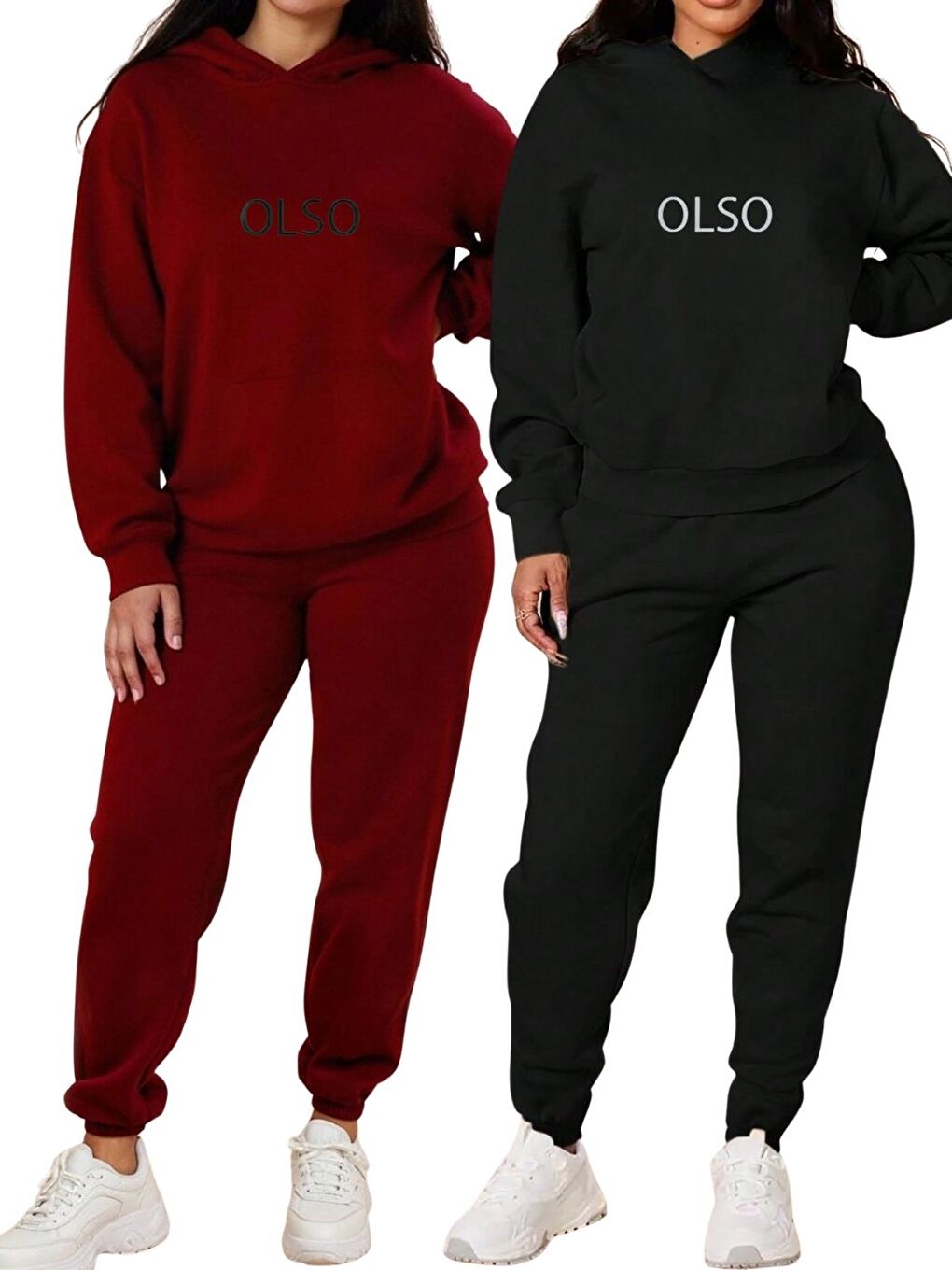 2Li Set Bordo+Siyah Olso Baskılı Kapüşonlu Alt Üst Eşofman Takım