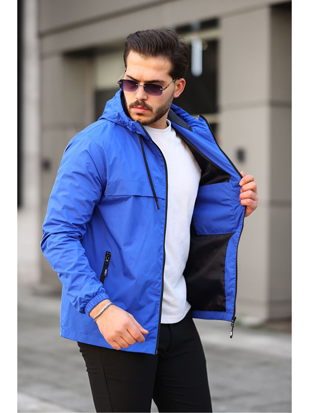 Mavi Erkek Içi Astarlı Suya Dayanıklı Kapüşonlu Cepli Yağmurluk-5